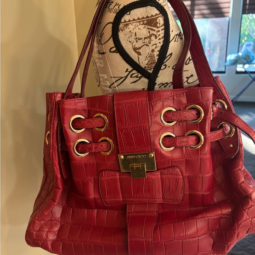 Jimmy Choo Red Croc-Embossed Shoulder Bag
